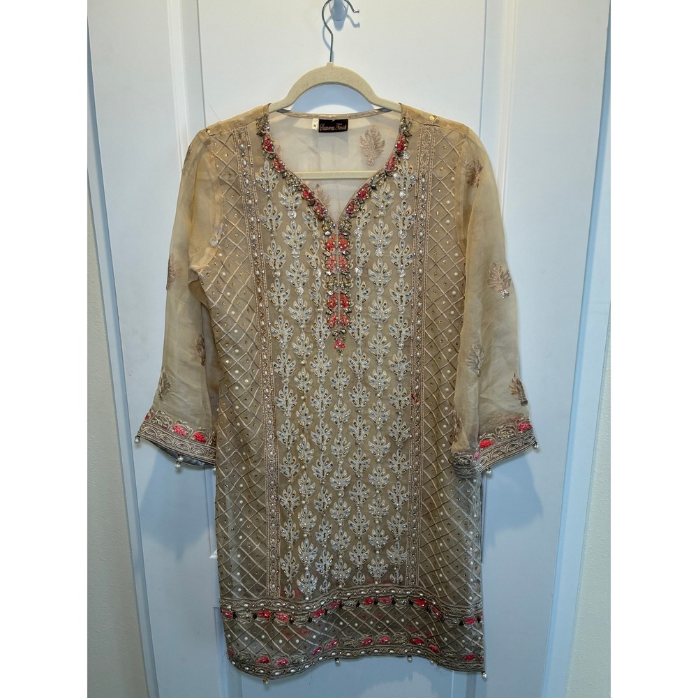 Beaded 100% Silk Pakistani‎ Indian Shalwar Kameez Size Medium